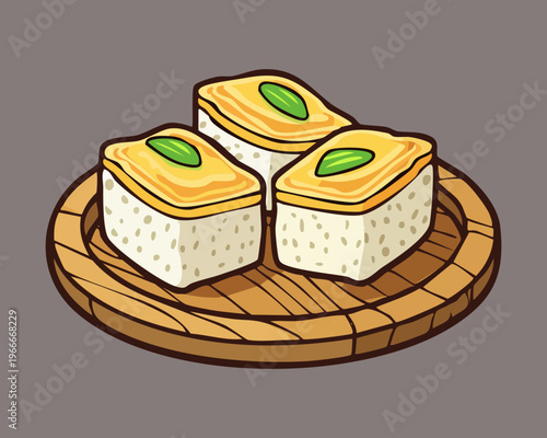 Trio of savory egg cakes topped with fresh herbs and served on a wooden board - Vector Illustration