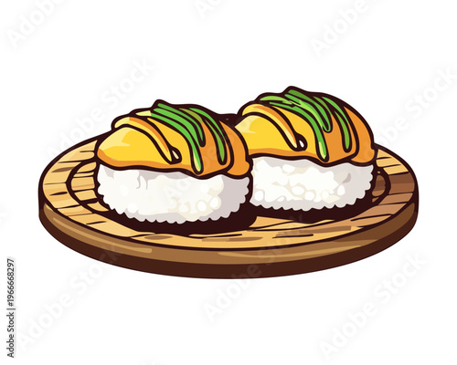 Grilled salmon sushi rolls topped with spicy mayonnaise and fresh green onions on a board - Vector Illustration
