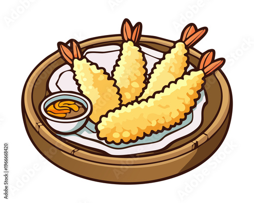 Platter of crispy tempura shrimp with traditional dipping sauce and fresh vegetable garnish on board - Vector Illustration
