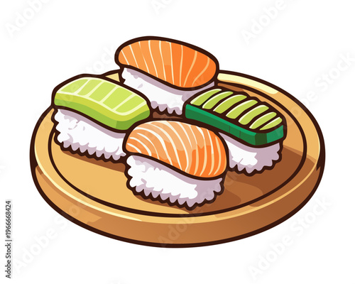 Fresh salmon and tuna nigiri sushi arranged neatly on a wooden board with ginger - Vector Illustration