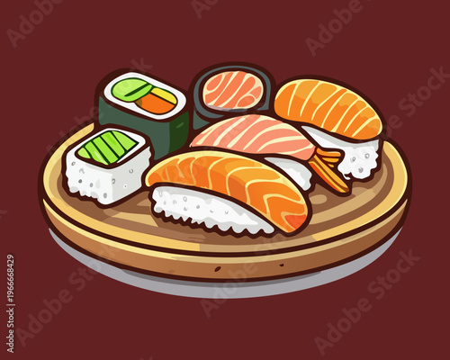 Variety of fresh maki and nigiri sushi served on a dark wooden board with garnish - Vector Illustration