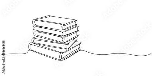 A set of several books of different sizes, angles one line art. Continuous line drawing of book, library, education, school, study, literature. one line Icon drawing