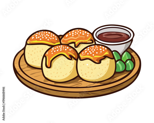 Traditional takoyaki served on a wooden plate with savory sauce and dipping sauce bowl - Vector Illustration