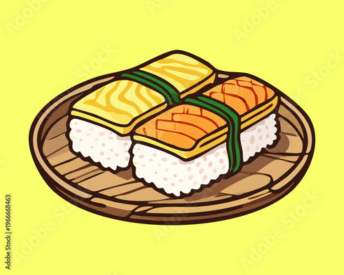 Slices of savory egg roll topped with fresh green herbs and served on board - Vector Illustration