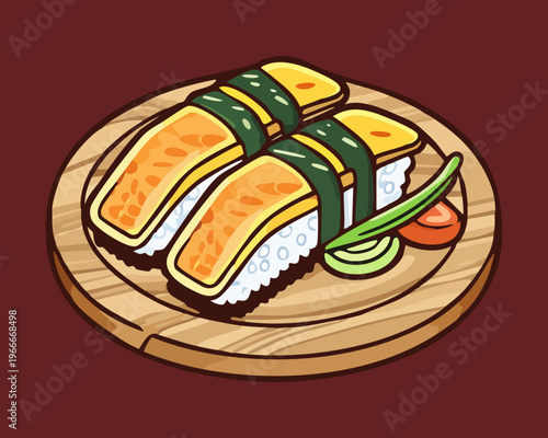 Traditional japanese tamago egg sushi served on a wooden board with ginger and wasabi - Vector Illustration