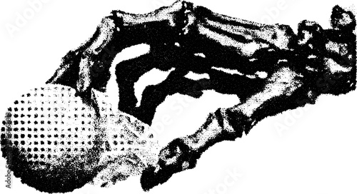 Skeleton hand holding a dotted ball. Simple black and white vector illustration in a detailed set, suitable for educational or medical themes.