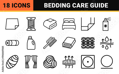 Minimalist monoline bedroom linens and textile care symbols featuring geometric line art bedding and laundry utility graphics.