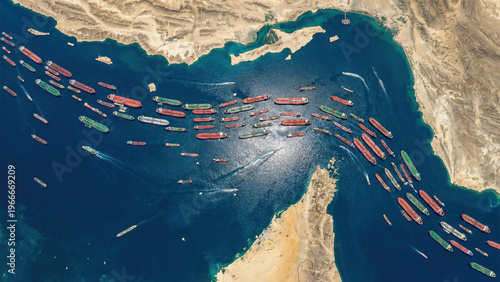  The Strait of Hormuz. Top view of a long queue of large oil tankers in a narrow sea lane