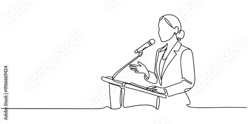 businesswoman speaking in front of a microphone continuous one line drawing, one Continuous line art drawing a woman is standing and reading a document in front of a microphone illustration on white.