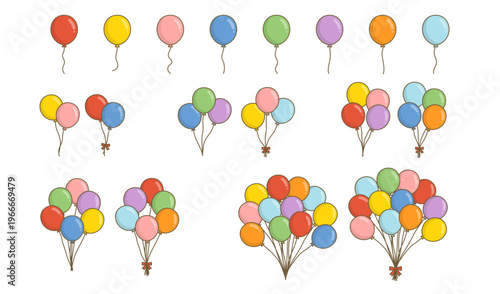 カラフルな風船のアウトラインイラストセット パーティー装飾に使えるバルーン素材