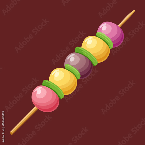 Tri-color hanami dango sticks with pink white and green rice balls for spring festival celebration dessert - Vector Illustration
