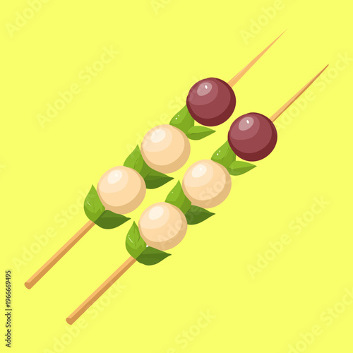 Traditional dango skewers with green and brown rice dumplings for authentic Japanese street food dessert snack theme - Vector Illustration