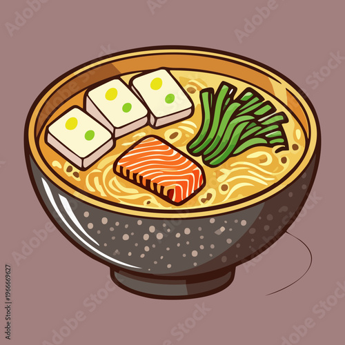 Hearty ramen bowl with salmon slices tofu and green vegetables for healthy Asian noodle soup dish concept - Vector Illustration