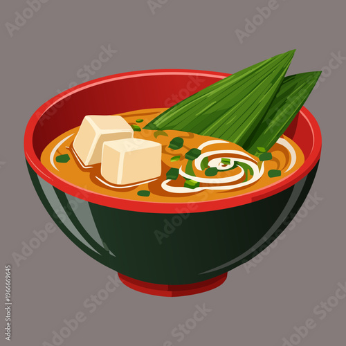 Simple miso soup with tofu cubes and green seaweed for healthy Japanese appetizer and clean eating concept - Vector Illustration