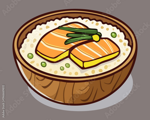 Japanese rice bowl topped with grilled salmon and green garnish for healthy lunch and dining concept - Vector Illustration