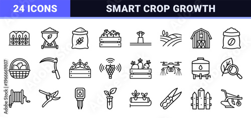 Smart Agriculture and Modern Farming Monoline Icon Set featuring Minimalist Geometric Outline Symbols for Agrotech and Botany Design.