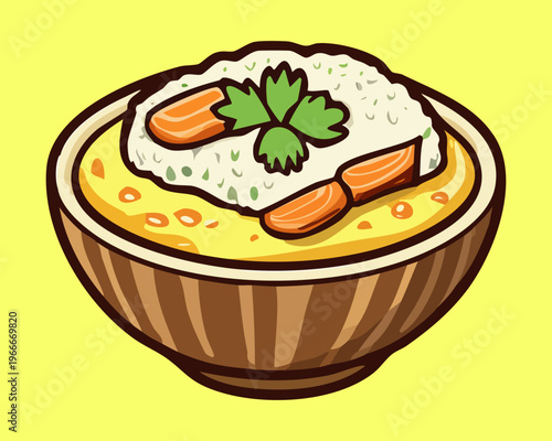Comforting bowl of Japanese porridge with salmon and egg for healthy breakfast and nutritional meal theme - Vector Illustration