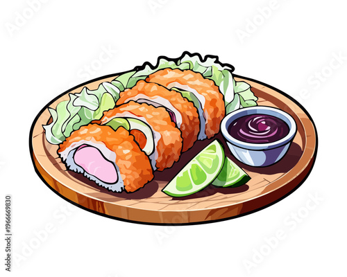 Crispy fried fish cutlets served on a wooden plate with lime and sauce for Japanese appetizer - Vector Illustration