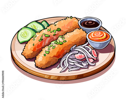 Crispy breaded fish fillets with salad and dipping sauce for savory Japanese appetizer and dining theme - Vector Illustration