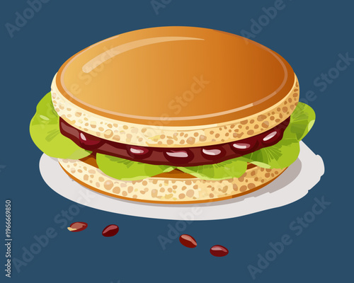Delicious burger with salmon patty and fresh lettuce for healthy seafood fast food and cafe menu - Vector Illustration