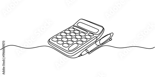 Continuous one line drawing calculator with pen. Budget planning concept. Single line draw design vector graphic illustration. Vector black silhouette. with white background