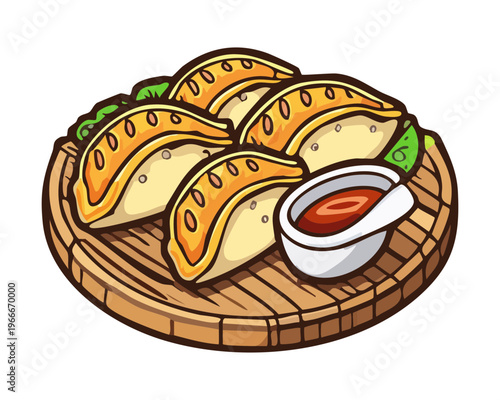 Crispy fried gyoza dumplings on wooden plate for authentic Japanese culinary experience and restaurant menu design - Vector Illustration