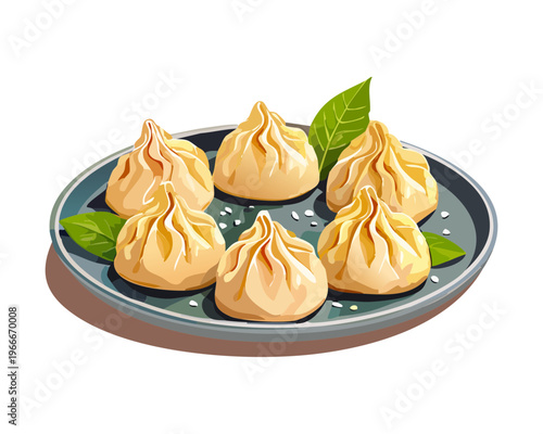Assorted steamed dumplings on a plate for authentic Asian culinary experience and dim sum restaurant menu - Vector Illustration