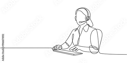 Single continuous line drawing of young confused call center worker answering phone call from talkative customer in front laptop. Help desk center care concept one line draw design vector illustration