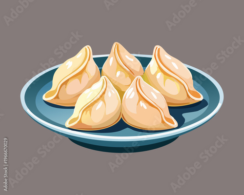 Healthy steamed gyoza dumplings served on a blue plate for authentic Asian appetizer and dining theme - Vector Illustration