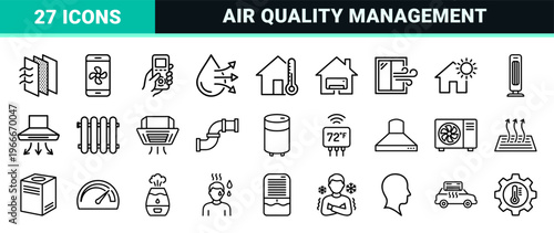 HVAC System and Climate Control Minimalist Monoline Icons for Smart Home Integration and Industrial Temperature Management Engineering.