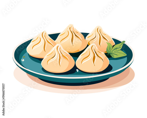 Authentic steamed dumplings on a blue plate for traditional Asian culinary and dim sum meal theme - Vector Illustration