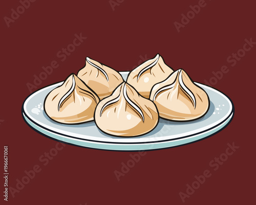 Plate of steamed Chinese dumplings for authentic dim sum dining experience and Asian restaurant menu design - Vector Illustration