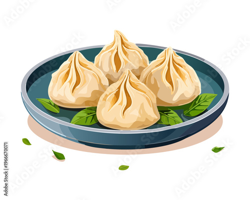 Delicious steamed dumplings with green garnish for authentic Asian appetizer and traditional dim sum dining - Vector Illustration