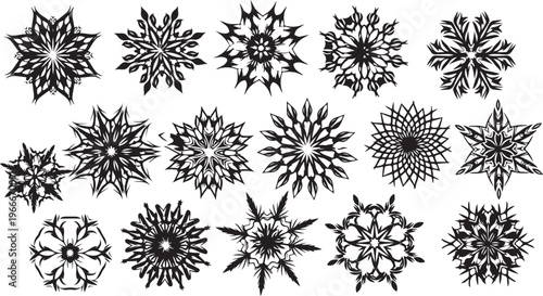 Collection of unique black and white snowflake designs isolated
