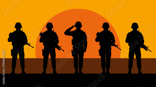 Silhouettes of five soldiers standing with rifles, one saluting, against a vibrant orange and yellow sunset sky.