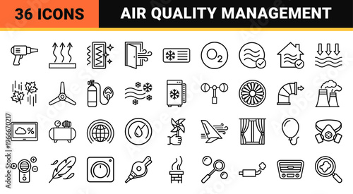 Air Quality and HVAC Climate Control Minimalist Monoline Icon Set featuring Ventilation, Filtration, and Atmospheric Weather Symbols