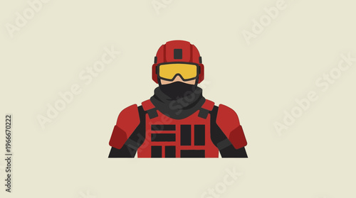 A flat design illustration of a tactical operator wearing a red helmet, yellow goggles, a black face covering, and red body armor against a light background.