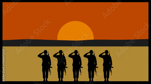 Five silhouetted soldiers saluting at sunset in a desert landscape, honoring fallen comrades or a significant event.