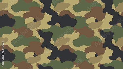 A seamless repeating pattern of classic military camouflage in shades of green, brown, and dark grey, ideal for backgrounds or textile designs.