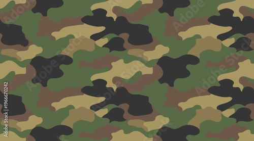 Seamless camouflage pattern featuring traditional military colors like green, brown, black, and tan, ideal for backgrounds and textile designs.
