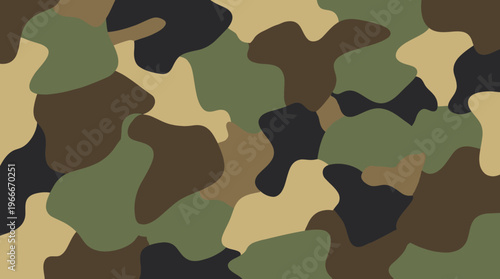 Classic military camouflage pattern with abstract shapes in green, brown, black, and tan colors, suitable for backgrounds and textures.