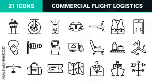 Aviation and Global Logistics Monoline Outline Icons featuring Minimalist Geometric Aircraft, Airport Terminals, and Travel Navigation.