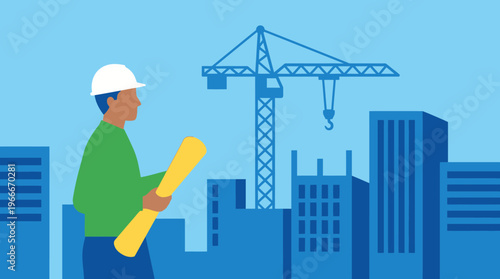 An illustration of a construction worker wearing a hard hat and holding blueprints, overseeing a building site with a large crane and city buildings in the background.