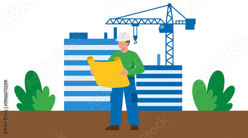 A male construction worker in a hard hat holding blueprints at a building site with a crane and unfinished structures.