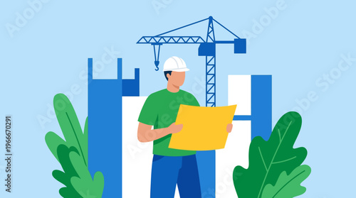 An illustration of a construction worker or engineer in a hard hat reviewing blueprints at a building site with a crane and structures.
