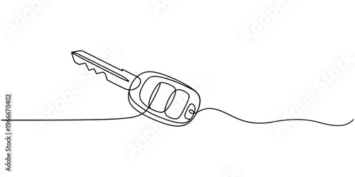 Continuous line drawing of a modern car key isolated on a plain white background.