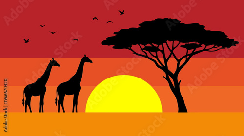 African savanna sunset with silhouetted giraffes and acacia tree.