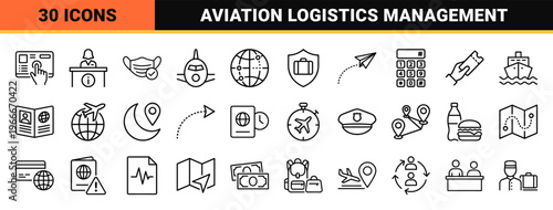 Airport Terminal and Immigration Services Minimalist Monoline Icon Set featuring Border Control, Travel Logistics, and Aviation Safety.