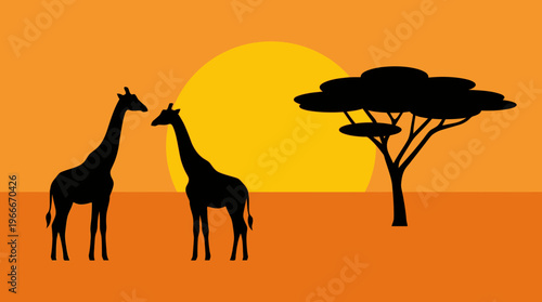 Two giraffe silhouettes and an acacia tree against a vibrant orange sunset in an African savanna landscape.