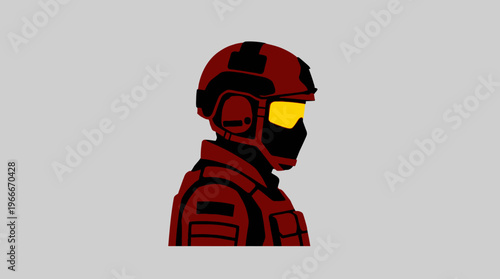 Stylized profile illustration of a tactical soldier wearing a dark red uniform, helmet, yellow goggles, and black mask against a grey background.